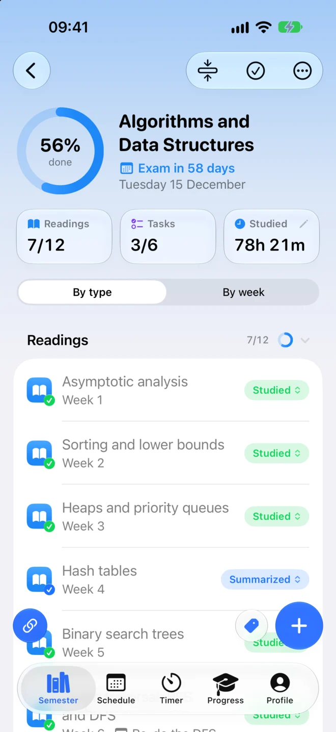 Lectio on iPhone: a course with its readings and their status tags