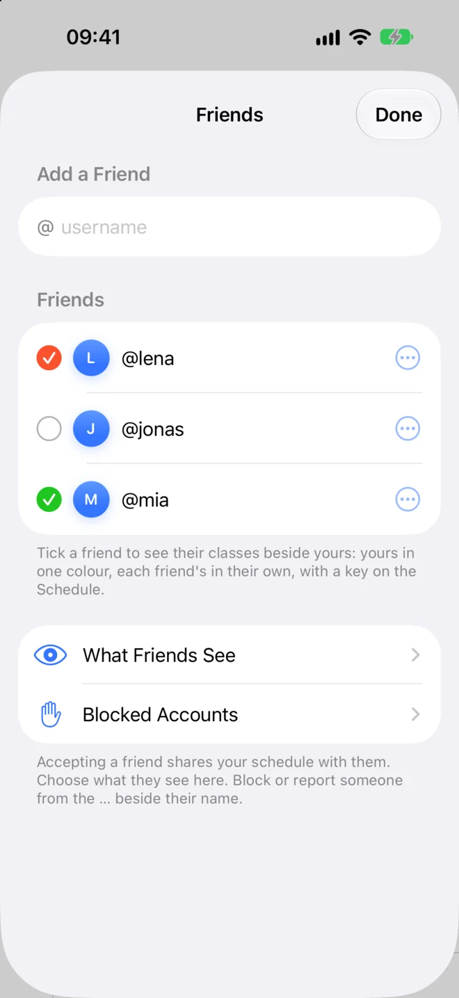 Lectio on iPhone: the friends list, each friend ticked in the colour they wear on the Schedule
