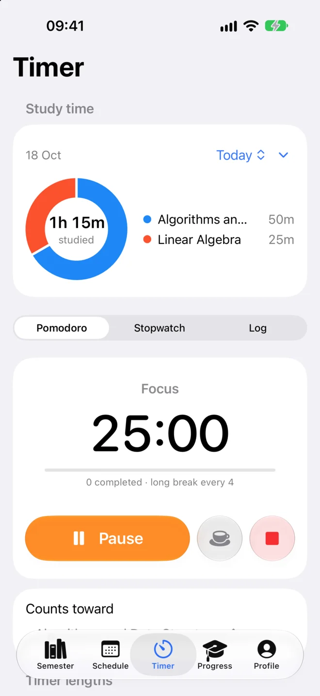 Lectio on iPhone: a running pomodoro focus timer