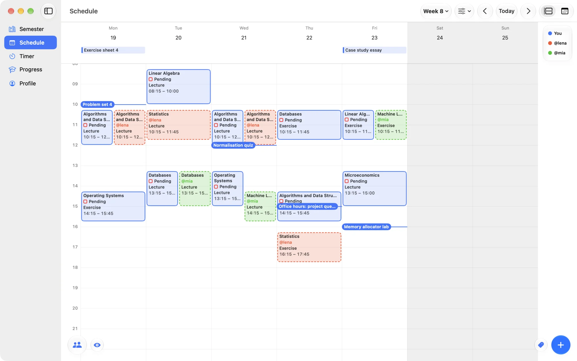 Lectio on the Mac: the week's timetable with two friends' classes in their own colours, outlined, beside the user's