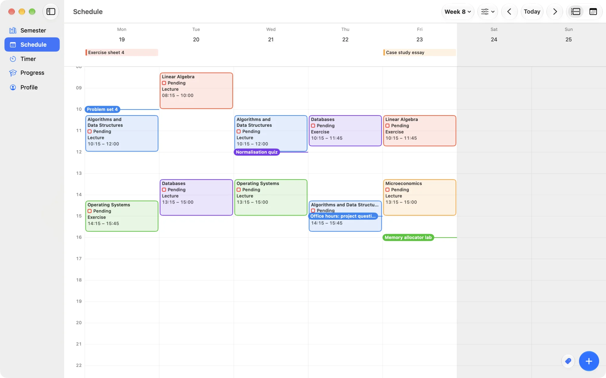 Lectio on the Mac: the weekly class timetable with colour-coded lectures and exercises, and the tasks due each day